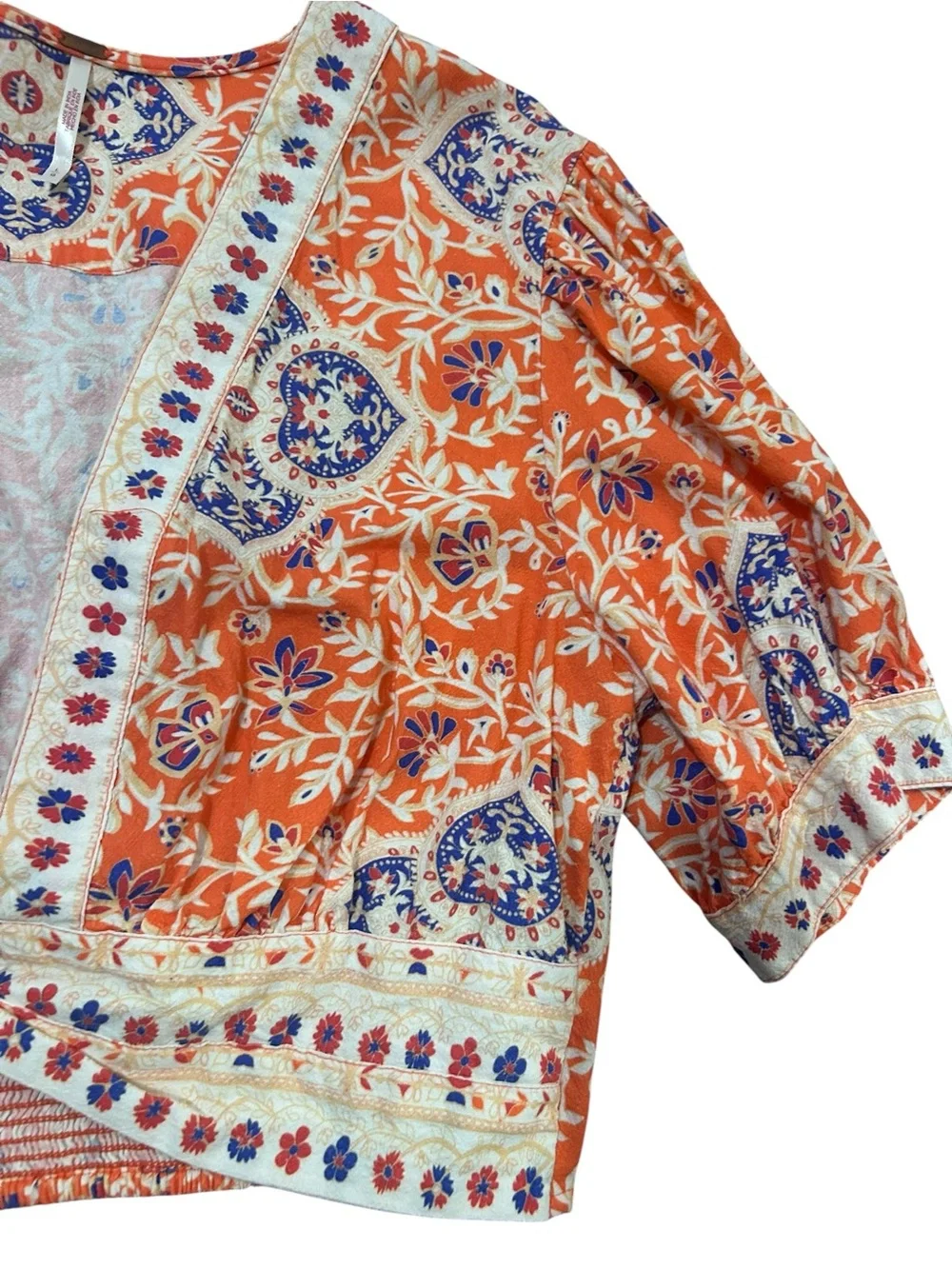 Free People Orange Boho Wrap Crop Top Paisley Floral Smocked Back Large